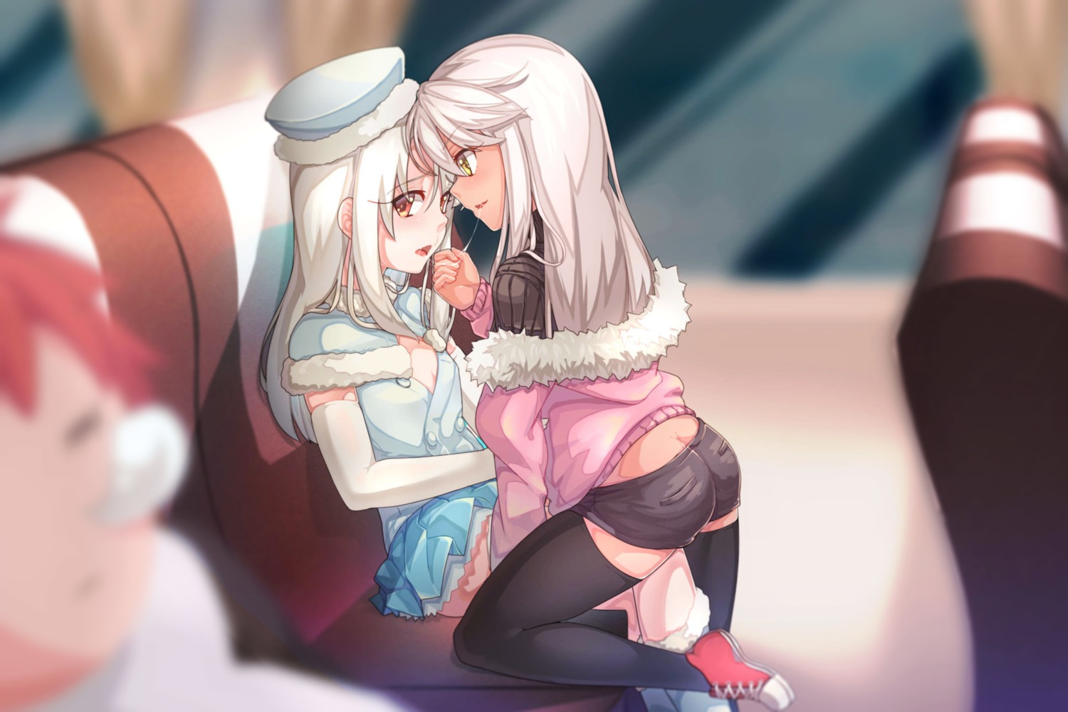 ass chloe_von_einzbern emiya_shirou fate/kaleid_liner_prisma_illya fate/stay_night illyasviel_von_einzbern loli open_shirt qiongsheng sweater thighhighs yuri