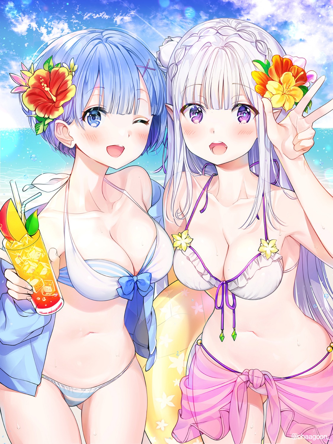 bikini chagoon cleavage elf emilia_(re_zero) pointy_ears re_zero_kara_hajimeru_isekai_seikatsu rem_(re_zero) see_through swimsuits wet