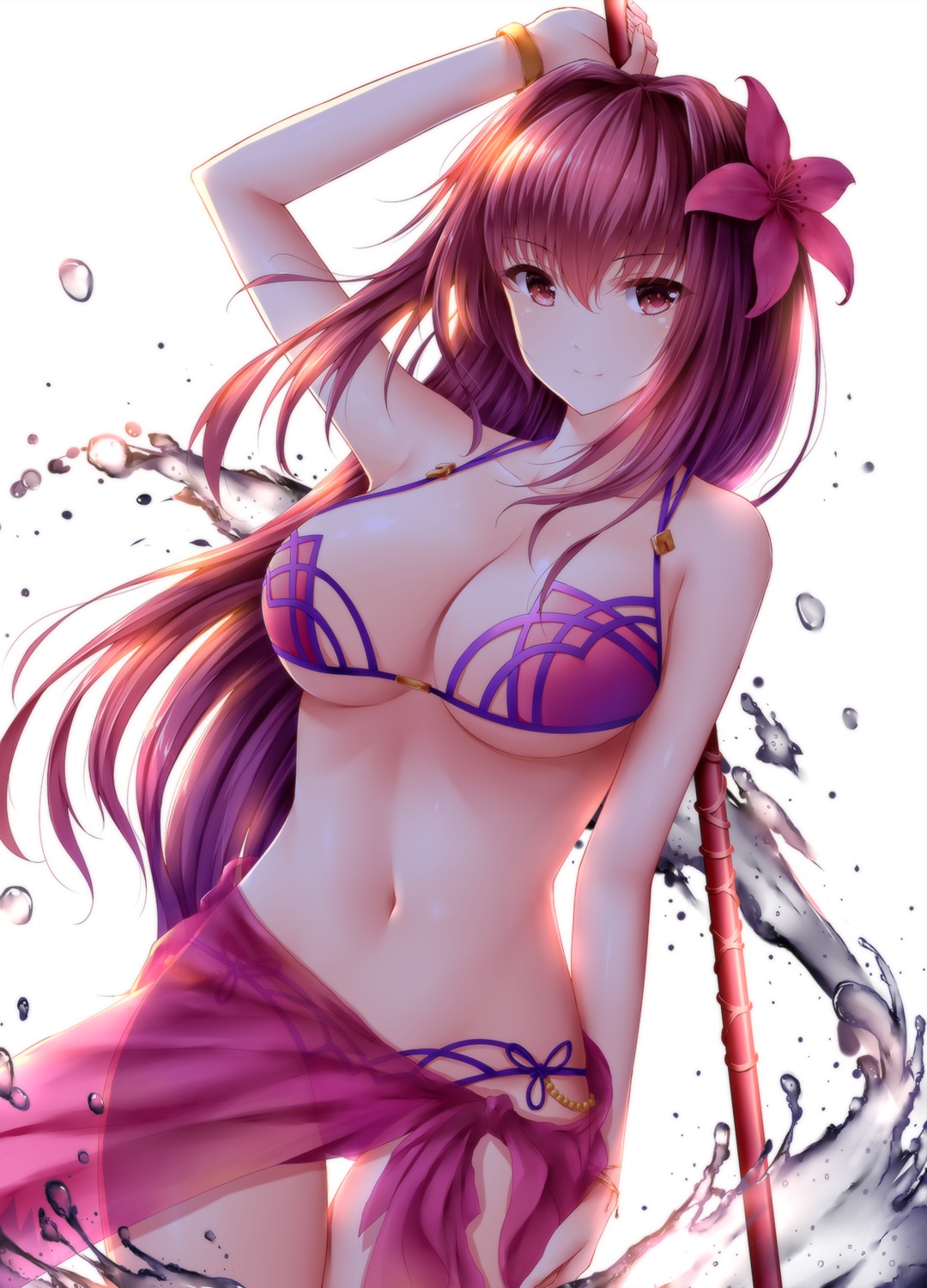 bikini cleavage fate/grand_order scathach_(fate/grand_order) see_through swimsuits underboob weapon wsman