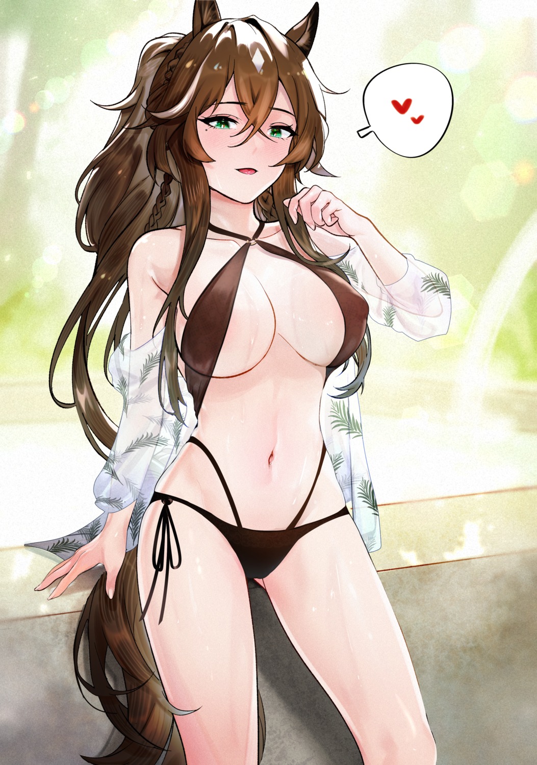 animal_ears arknights bikini elsi erect_nipples meteor_(arknights) open_shirt see_through swimsuits tail wet