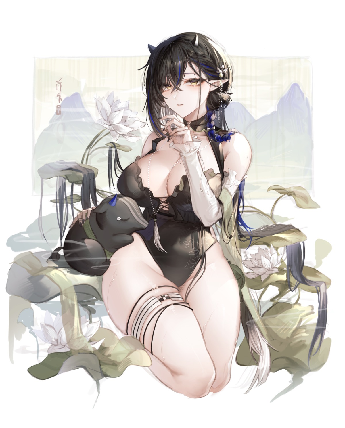 arknights blacknight_(arknights) garter horns pointy_ears swimsuits takano_jiyuu wet