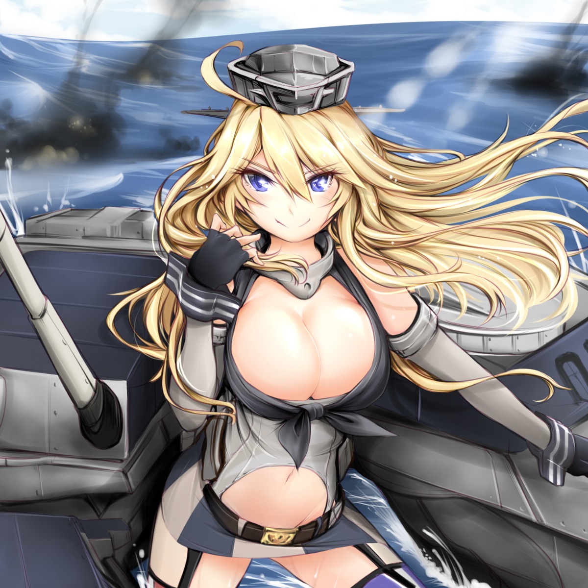 cleavage iowa_(kancolle) kantai_collection no_bra stockings thighhighs yuriwhale