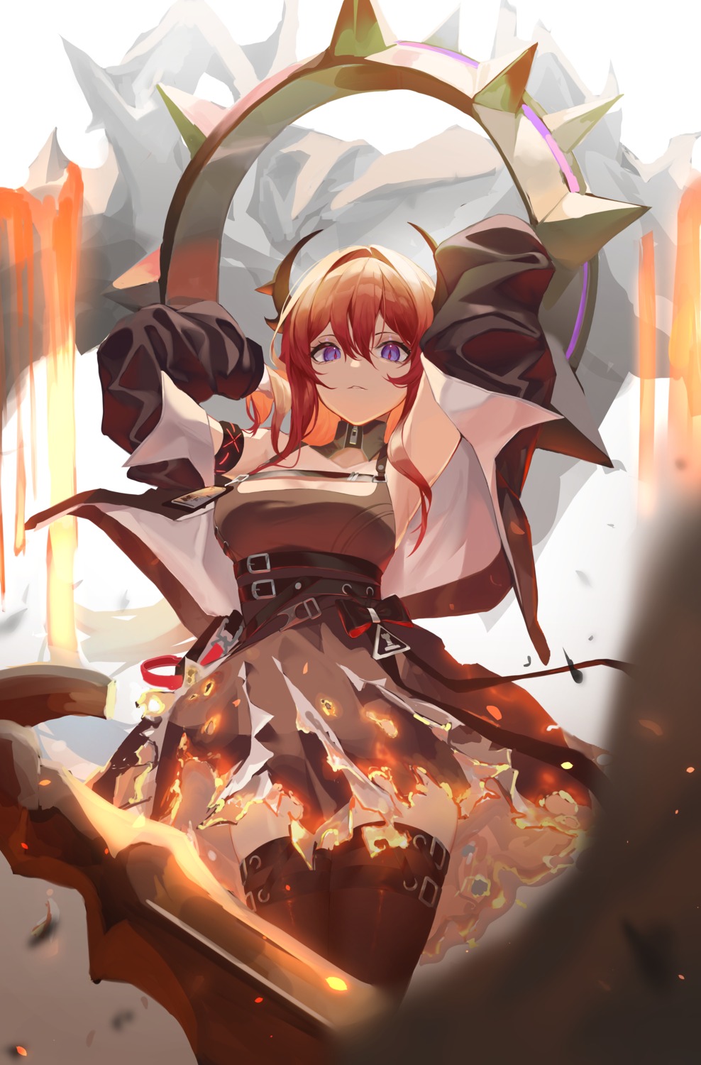 arknights garter horns ryu_(yanagi) surtr_(arknights) thighhighs torn_clothes