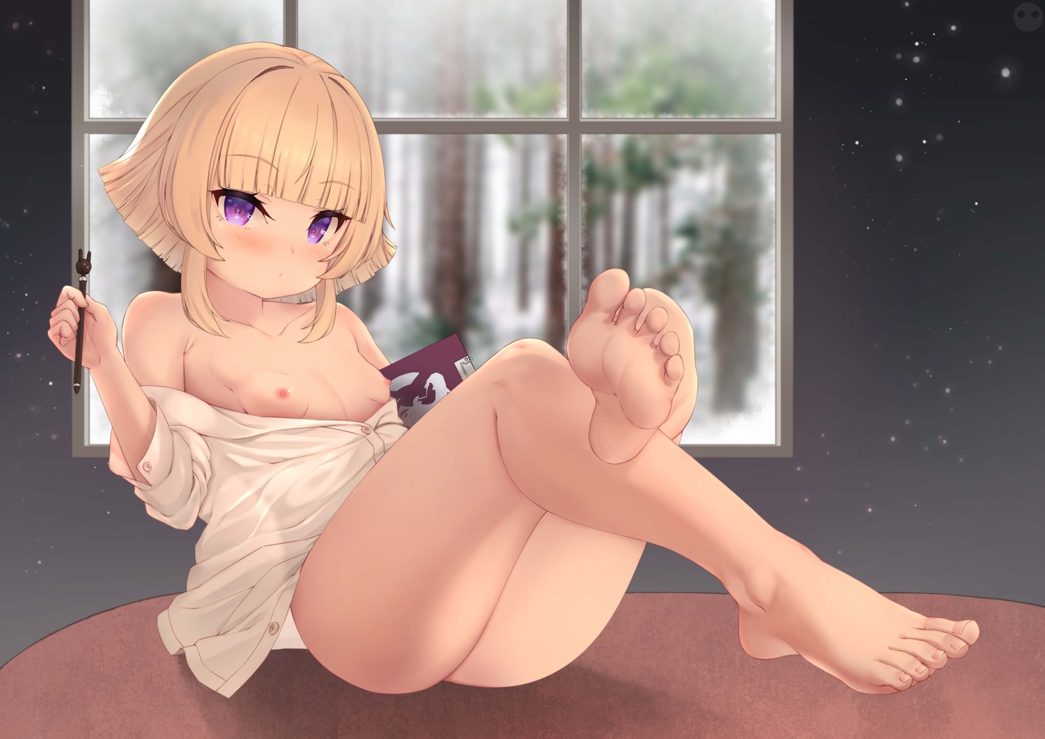 azur_lane bottomless breasts dress_shirt feet grozny_(azur_lane) john_zerowb loli nipples no_bra open_shirt see_through