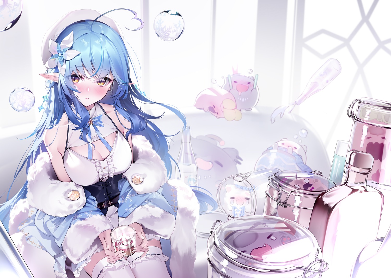 cleavage daifuku_(yukihana_lamy) elf hololive pointy_ears thighhighs yaguo yukihana_lamy yukimin_(yukihana_lamy)