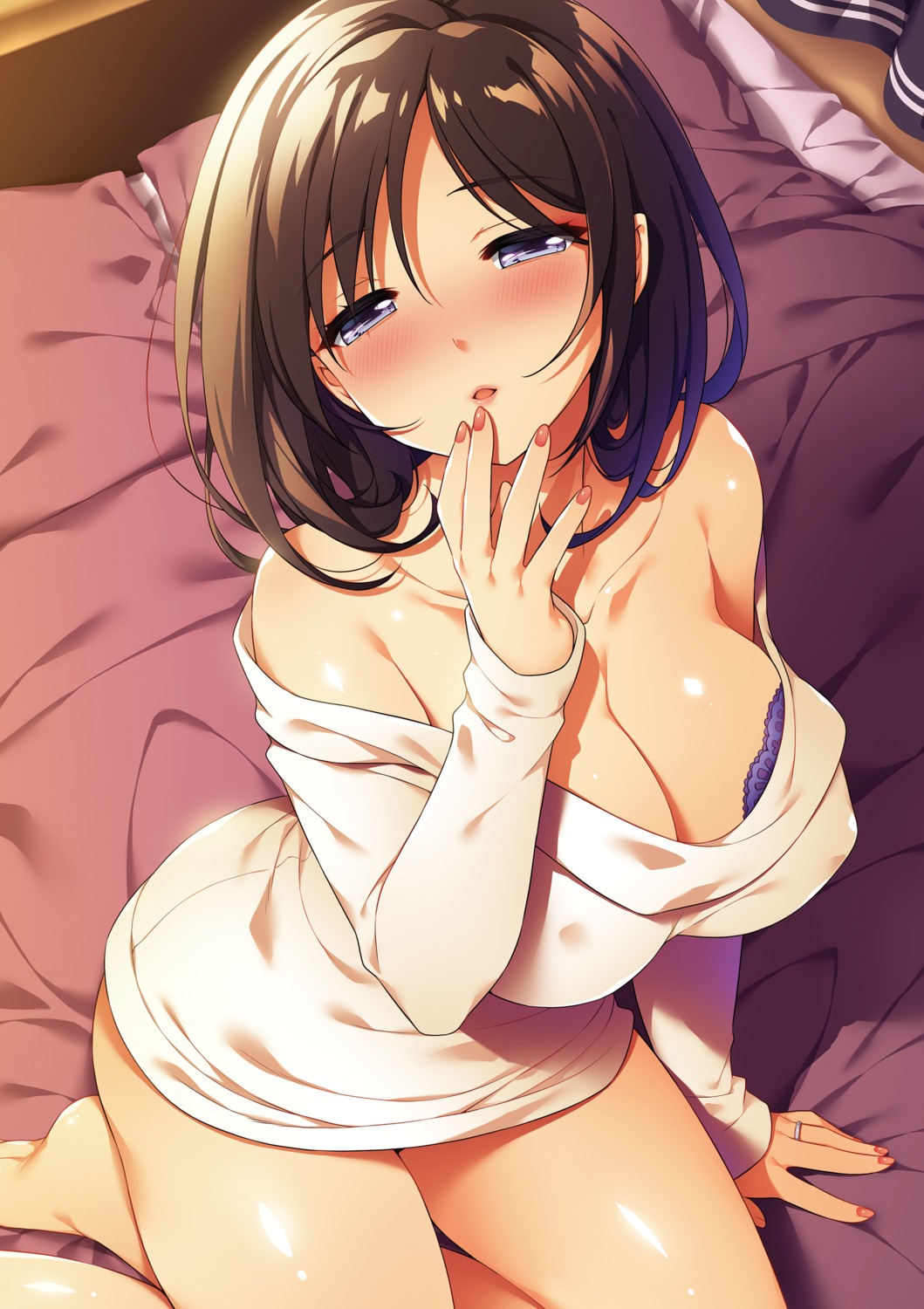 bra cleavage erect_nipples open_shirt saeki_hokuto sweater