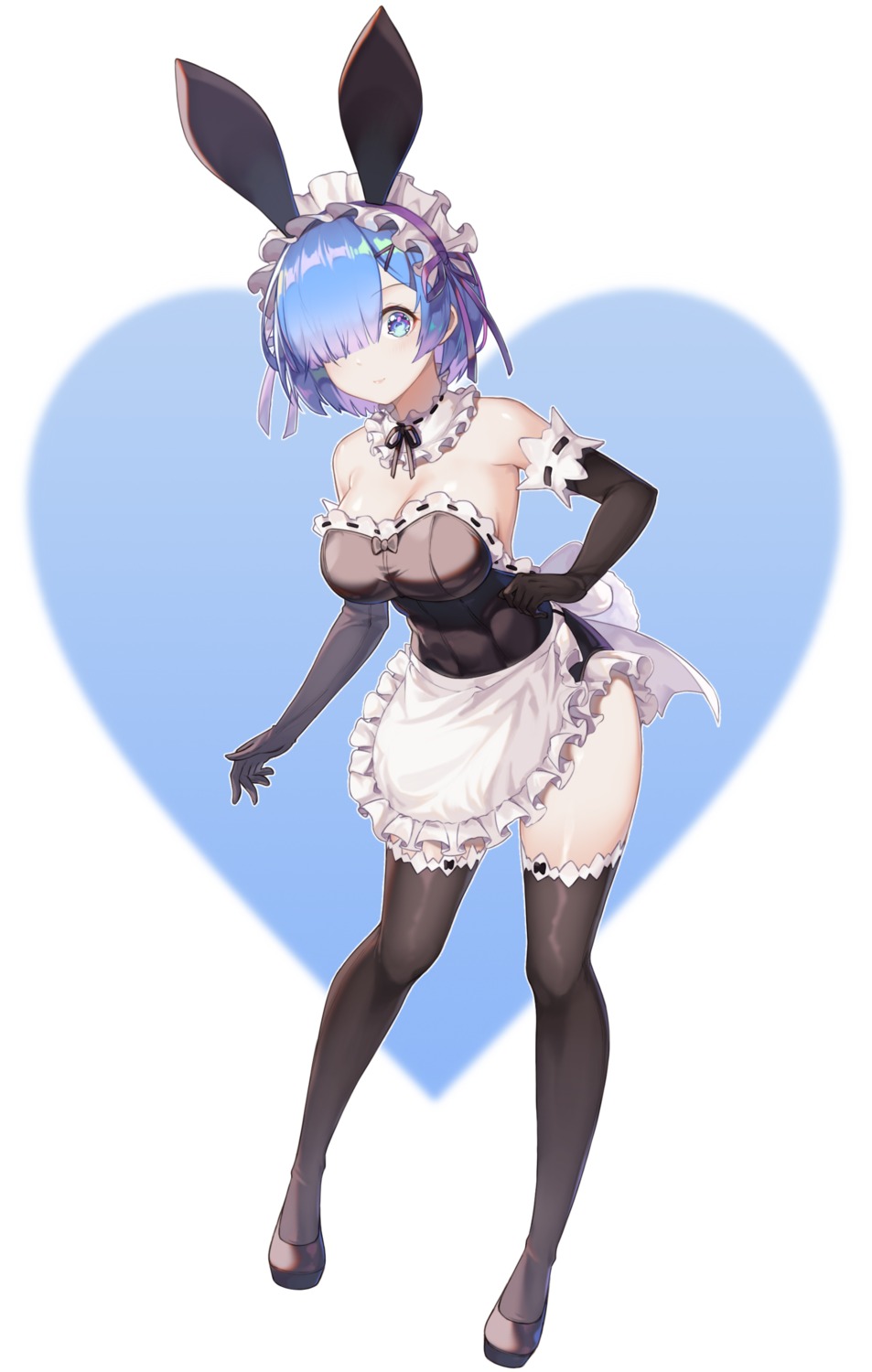 animal_ears bunny_ears cleavage cynd maid re_zero_kara_hajimeru_isekai_seikatsu rem_(re_zero) tail thighhighs