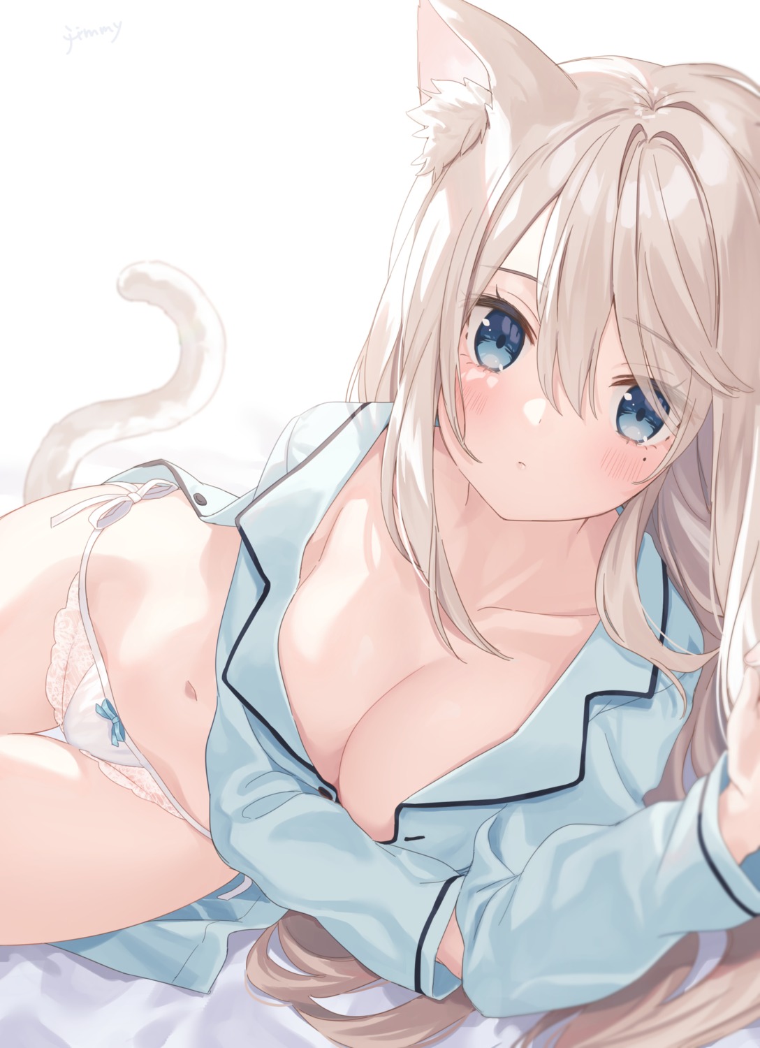 animal_ears cleavage jimmy nekomimi no_bra open_shirt pajama pantsu string_panties tail