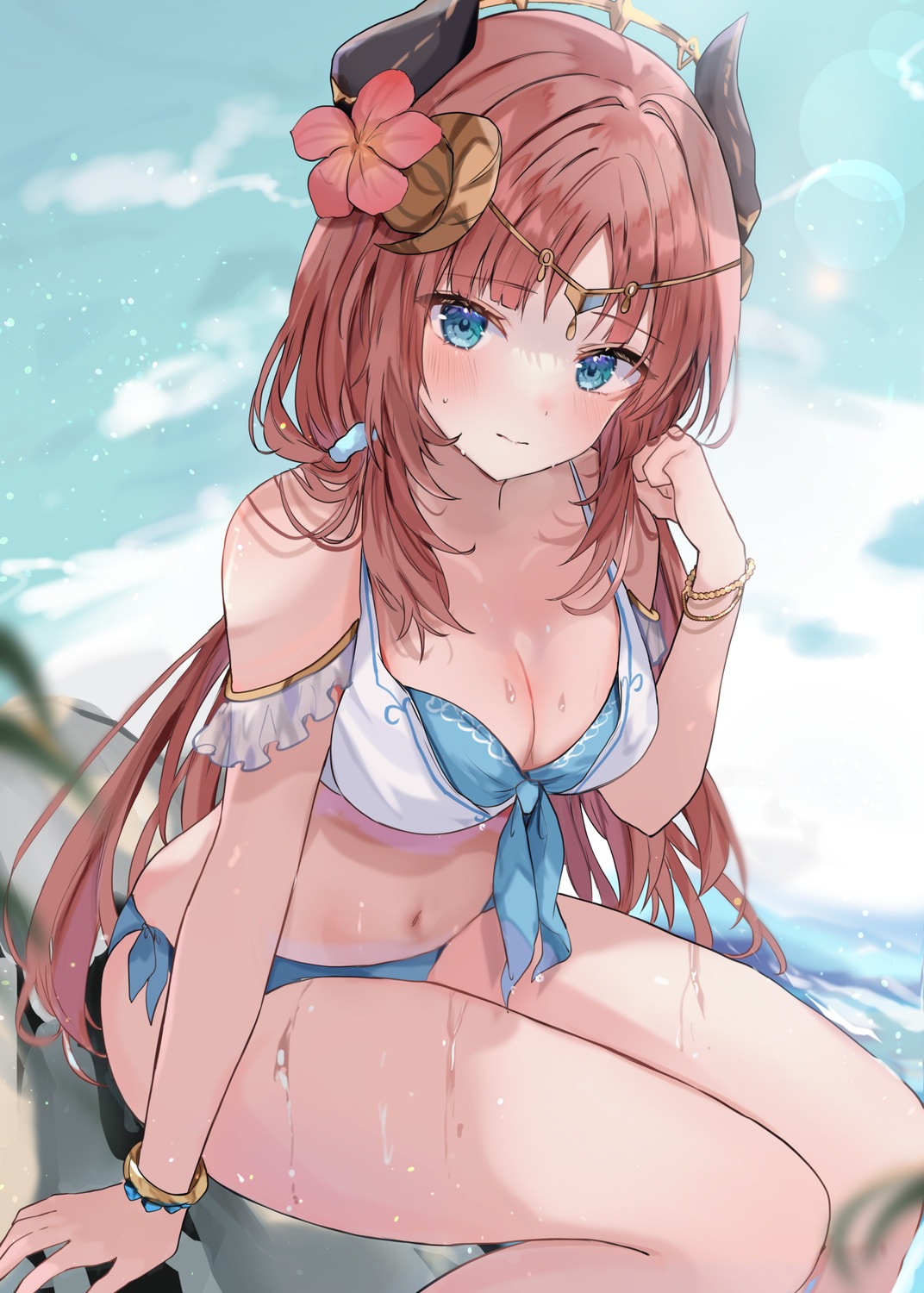 bikini cleavage genshin_impact horns maruro nilou swimsuits wet