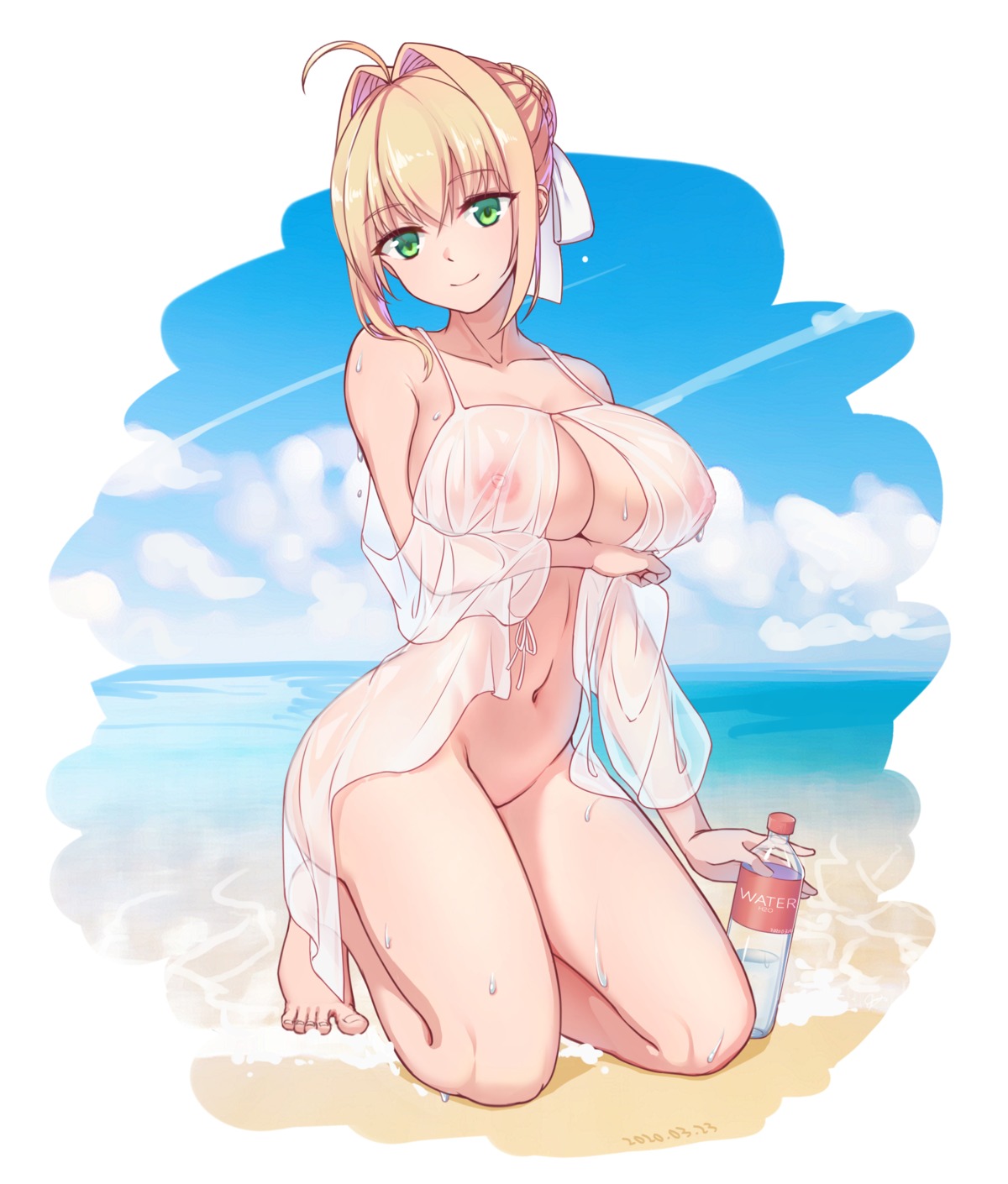 breast_hold fate/grand_order jason_dai lingerie nipples nopan saber_extra see_through wet