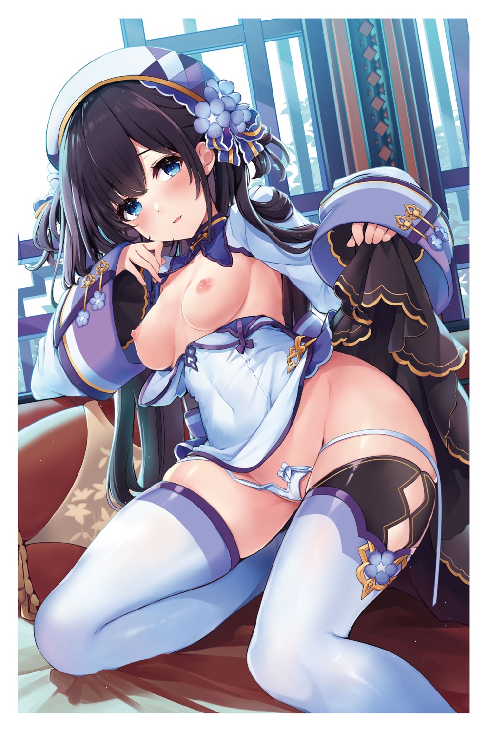 ao_no_neko asian_clothes breasts nipples no_bra pantsu panty_pull skirt_lift string_panties thighhighs thong