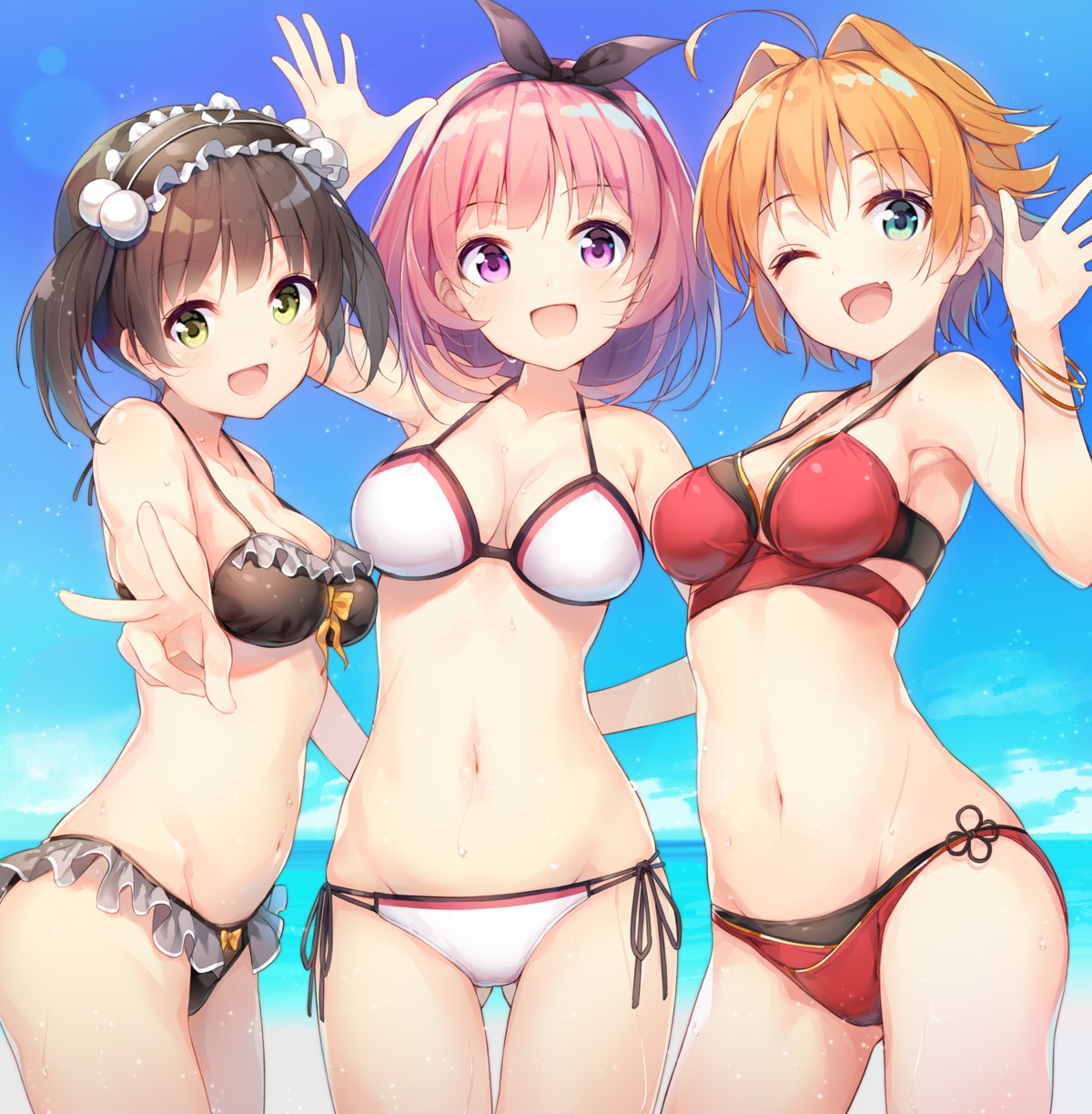 amaki_okome bikini cleavage crossover hakari_kanna kanna_channel natsume_shishi nijihashi_sora okome_channel shishi_channel swimsuits wet