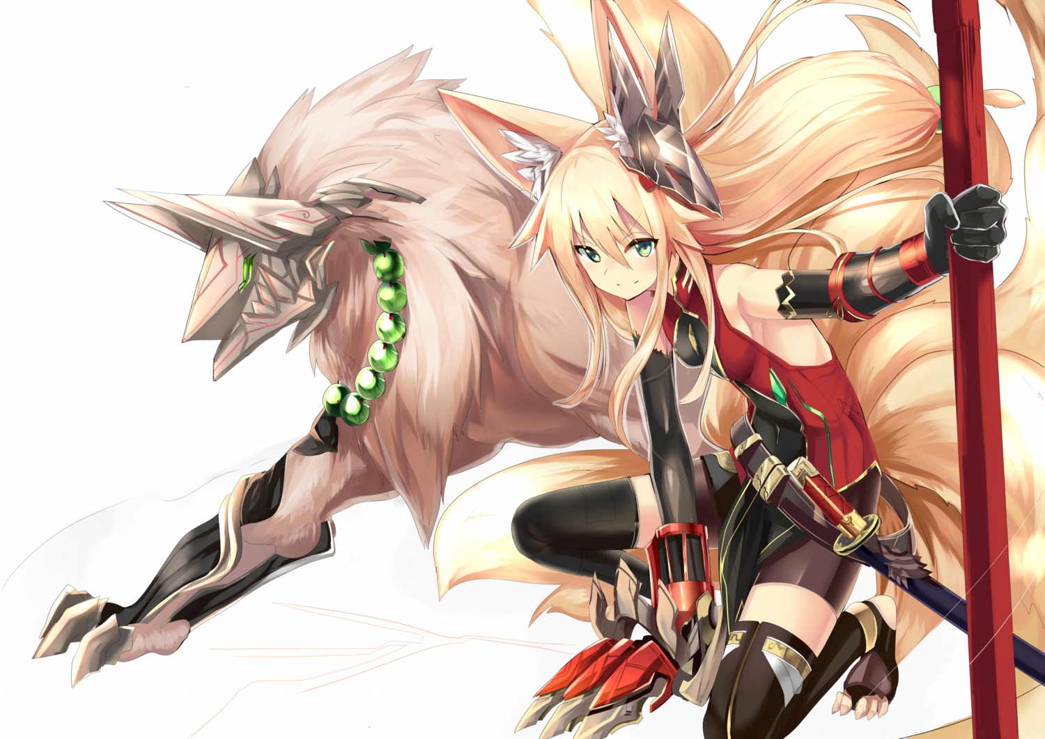 animal_ears armor bike_shorts haik kitsune monster sword tail thighhighs weapon