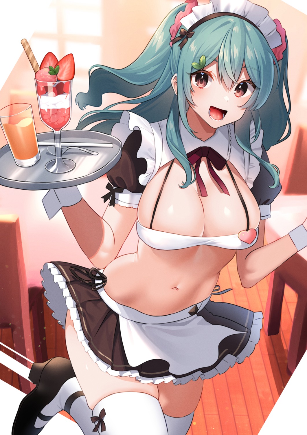 cleavage heavens_sparrow heels maid no_bra skirt_lift thighhighs waitress