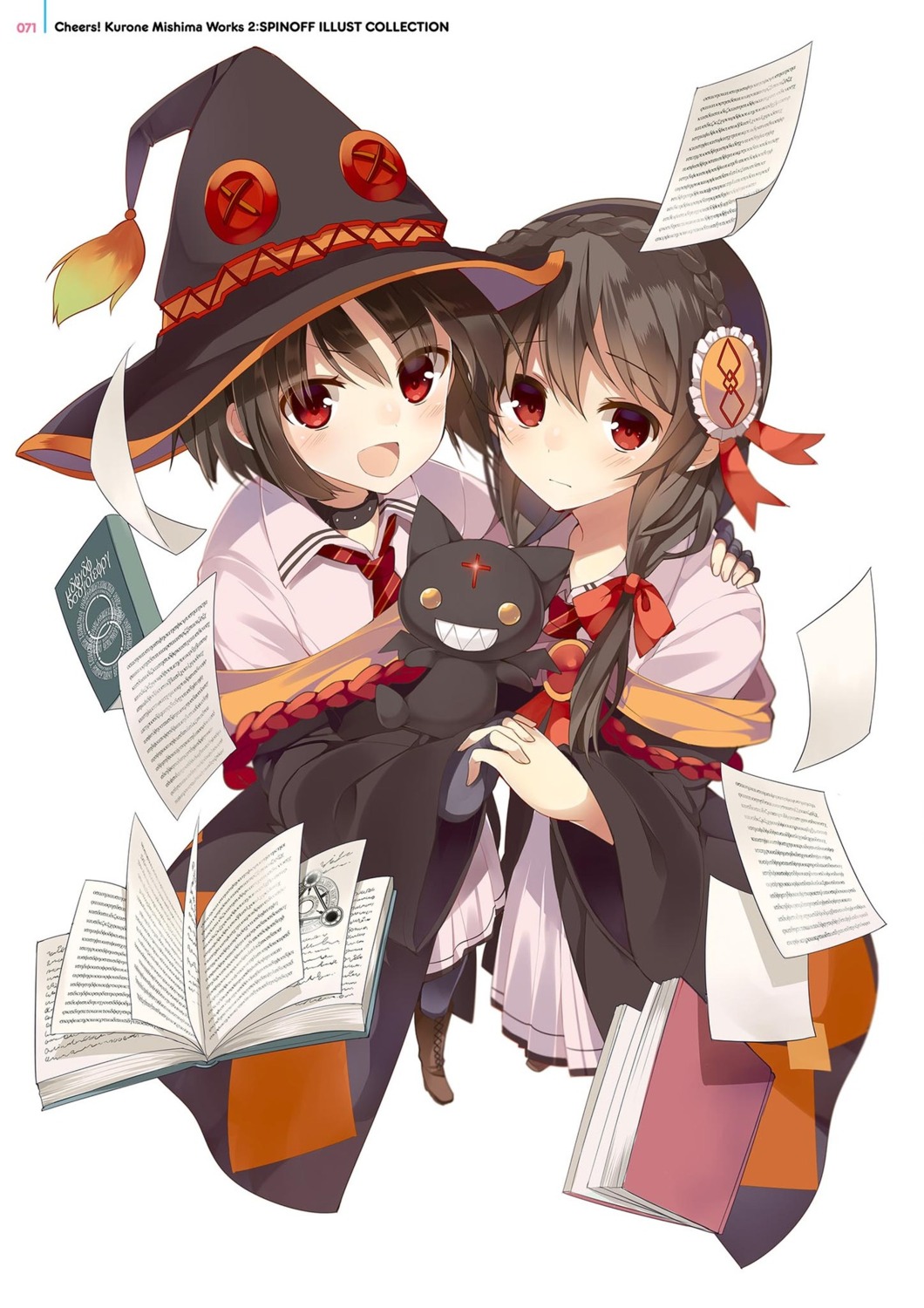 chomusuke digital_version kono_subarashii_sekai_ni_bakuen_wo! kono_subarashii_sekai_ni_shukufuku_wo! megumin mishima_kurone neko seifuku witch yunyun_(konosuba)