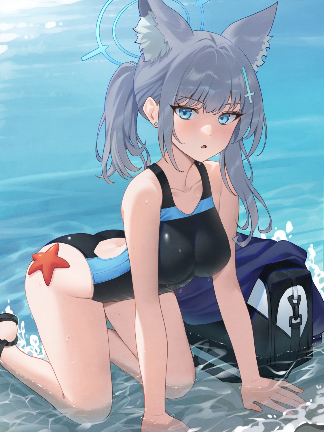 animal_ears blue_archive halo nekomimi sunaookami_shiroko swimsuits toramin_(tora_min_) wet