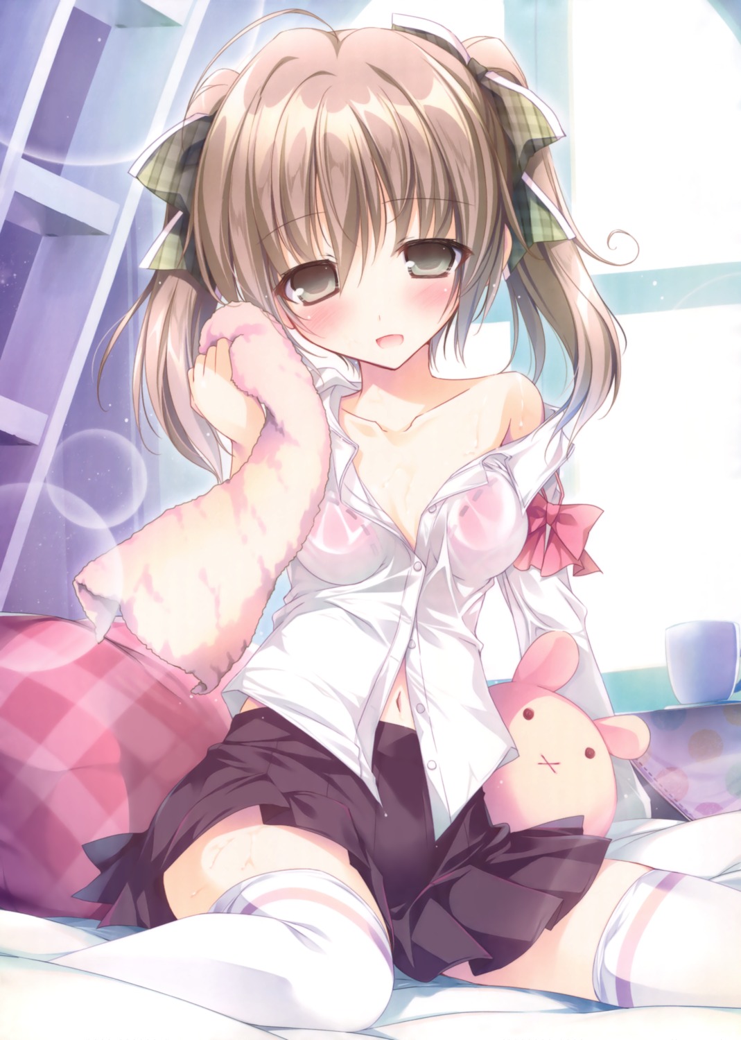 bra karory lashinbang open_shirt renren see_through seifuku skirt_lift thighhighs towel wet wet_clothes