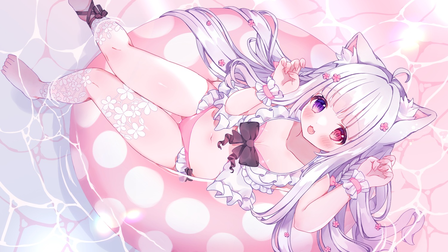 animal_ears bikini cameltoe heterochromia indie_virtual_youtuber miwachi_(38mofu) nekomimi swimsuits tattoo wet