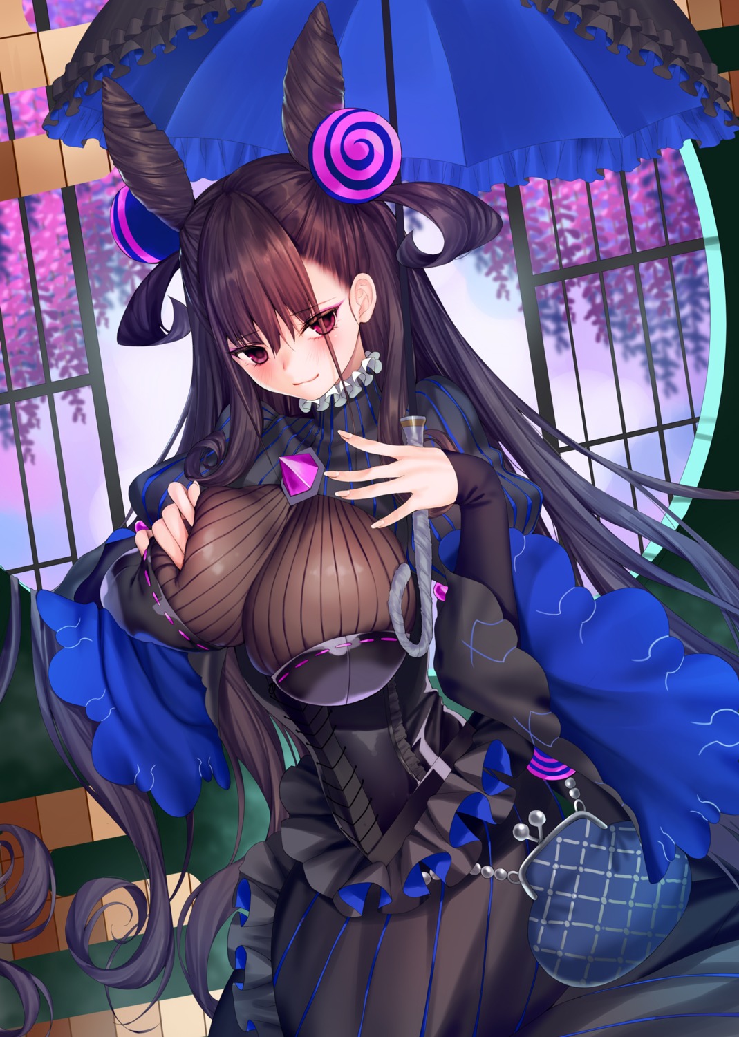 breast_hold dress fate/grand_order moe_hime murasaki_shikibu_(fate) no_bra umbrella xin