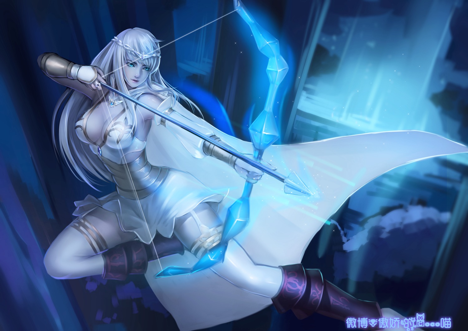 armor ashe cleavage destincelly dress league_of_legends open_shirt stockings thighhighs weapon