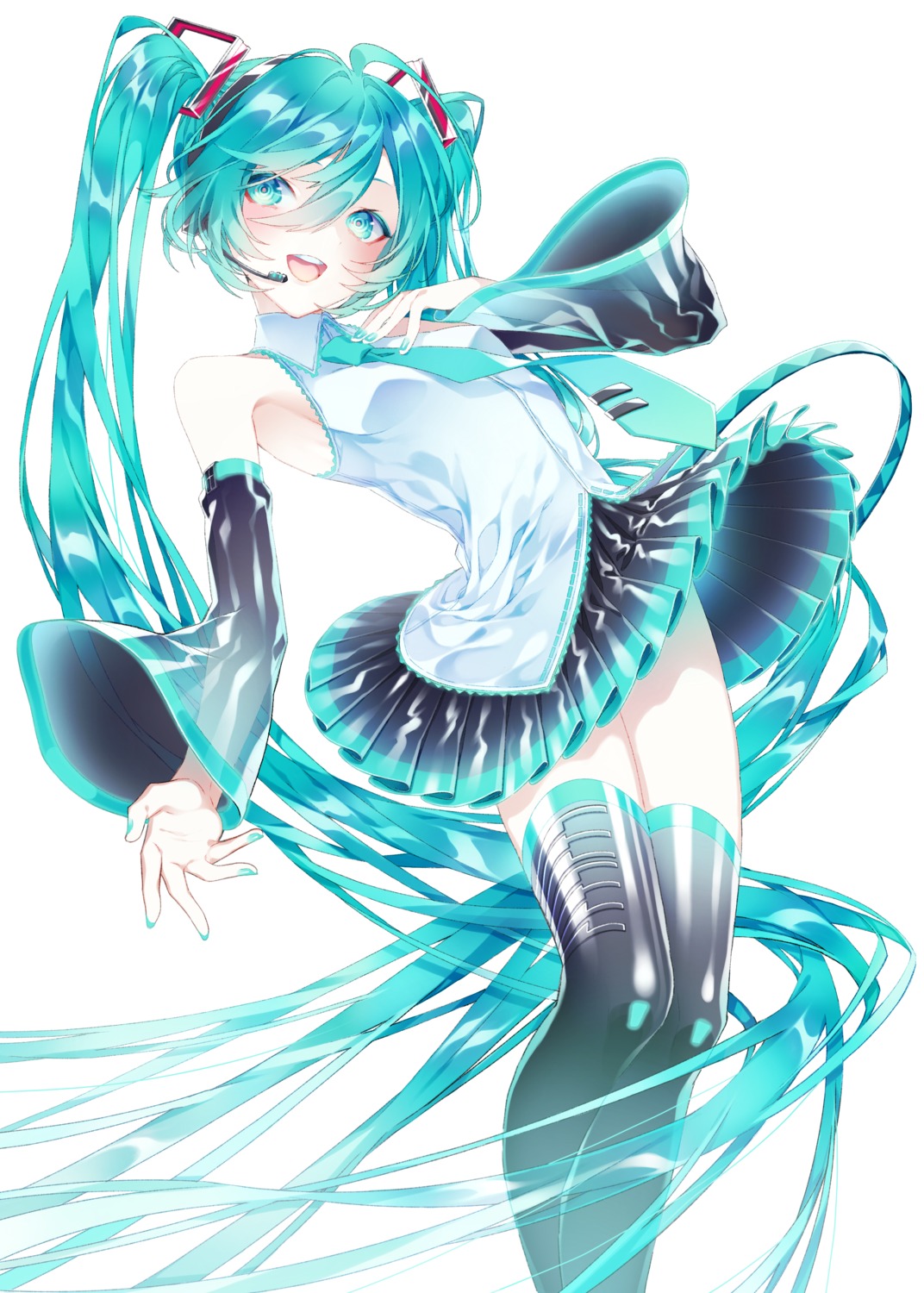 1055 hatsune_miku headphones skirt_lift thighhighs vocaloid