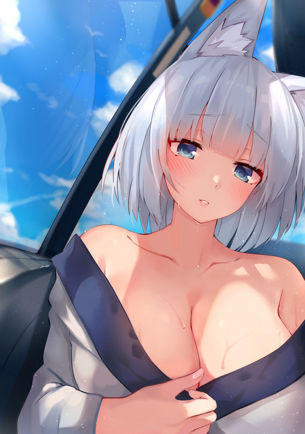 animal_ears azur_lane kaga_(azur_lane) no_bra open_shirt u_ronnta