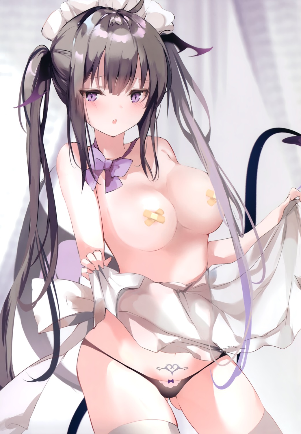 bandaid devil maid naked_apron pantsu pasties pon see_through skirt_lift tail tattoo thighhighs thong wings