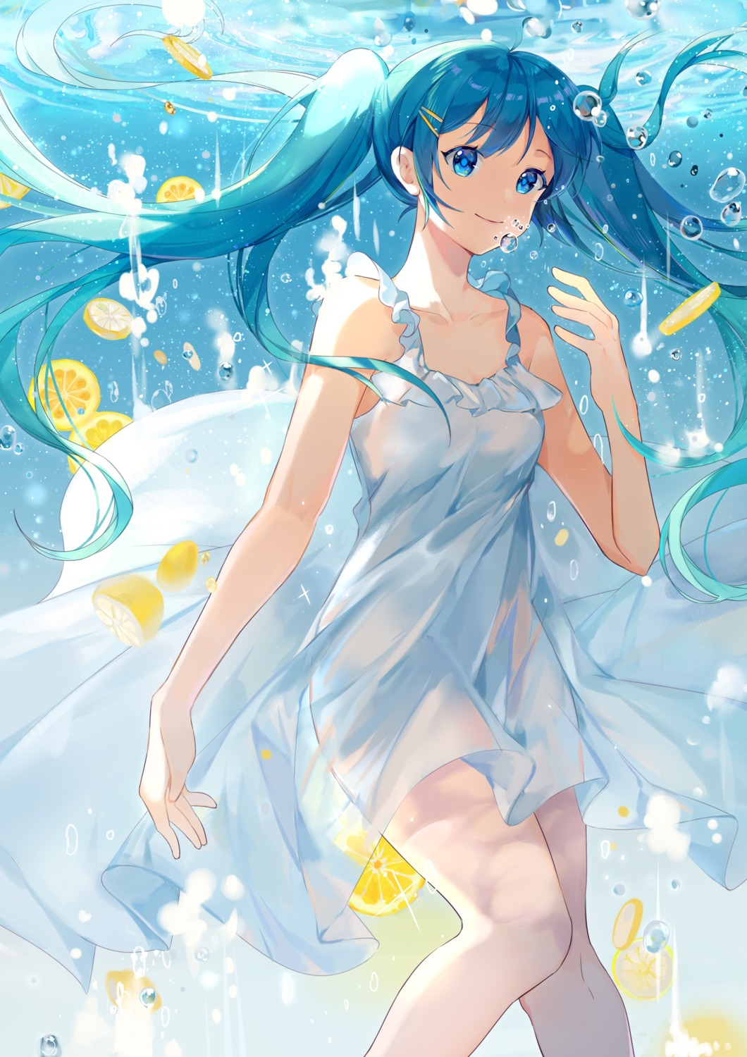 cleavage dress hatsune_miku no_bra nopan see_through skirt_lift summer_dress vocaloid wet_clothes yayako_(804907150)