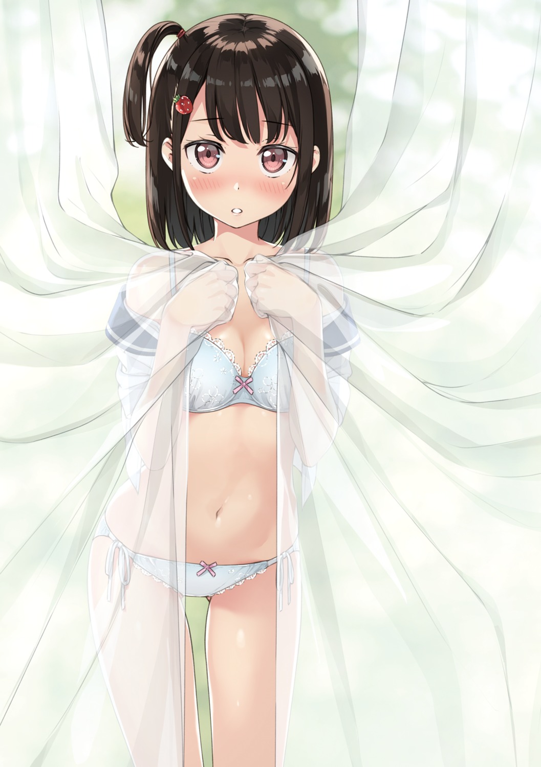 bra cleavage kantoku open_shirt pantsu seifuku shizuku_(kantoku) string_panties