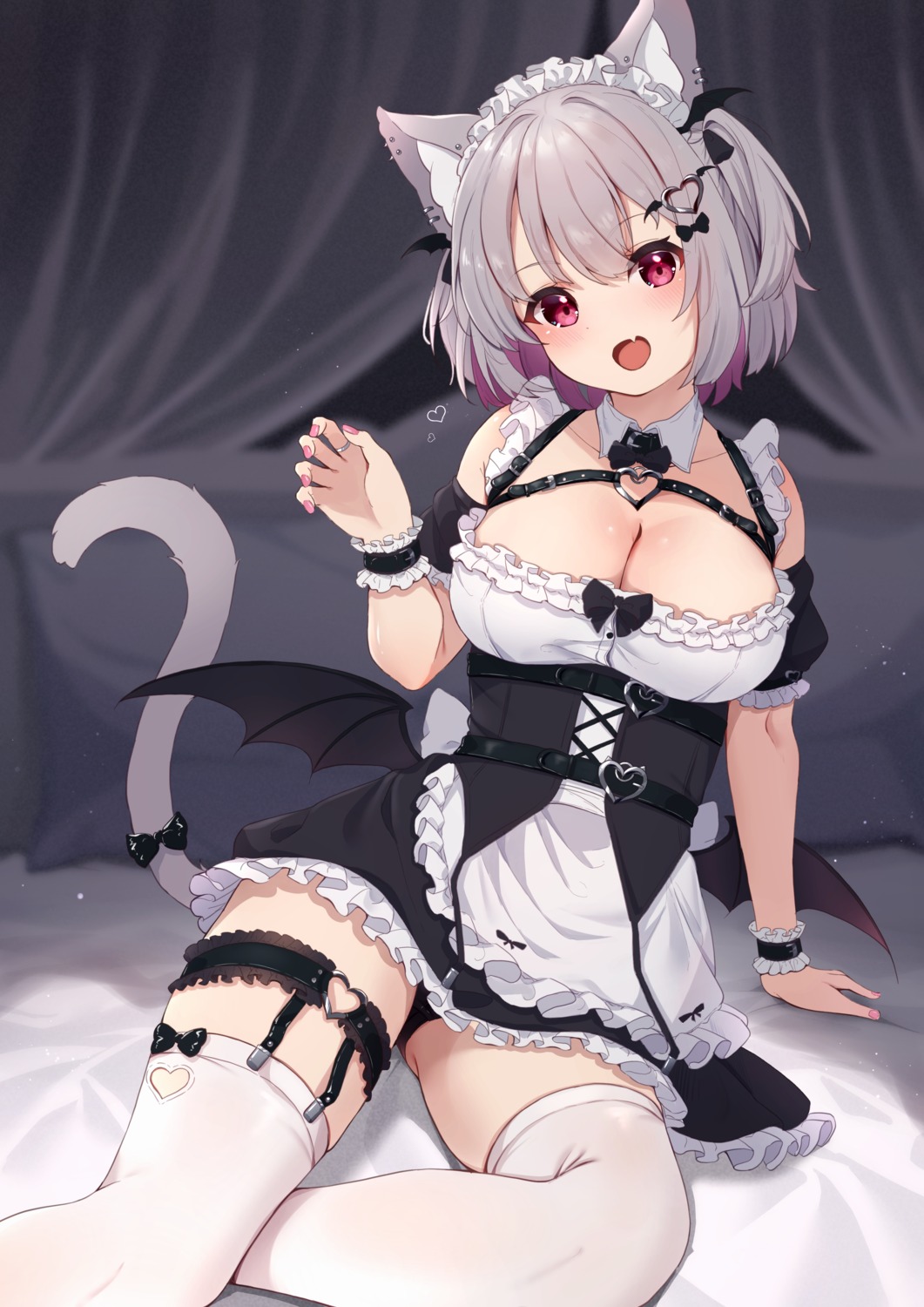 animal_ears garter hinata_(pixiv53862745) maid nekomimi no_bra pantsu stockings tail thighhighs wings