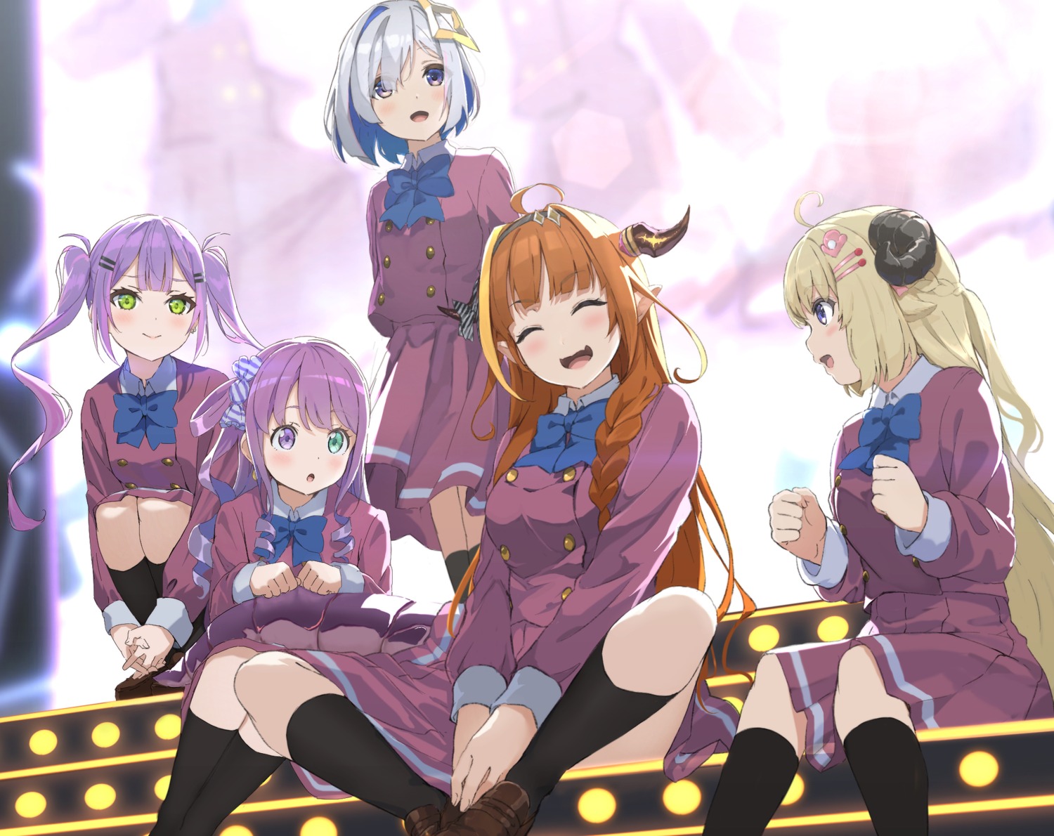 amane_kanata animal_ears halo heterochromia himemori_luna hololive horns icehotmilktea kiryuu_coco pointy_ears seifuku skirt_lift tail tokoyami_towa tsunomaki_watame