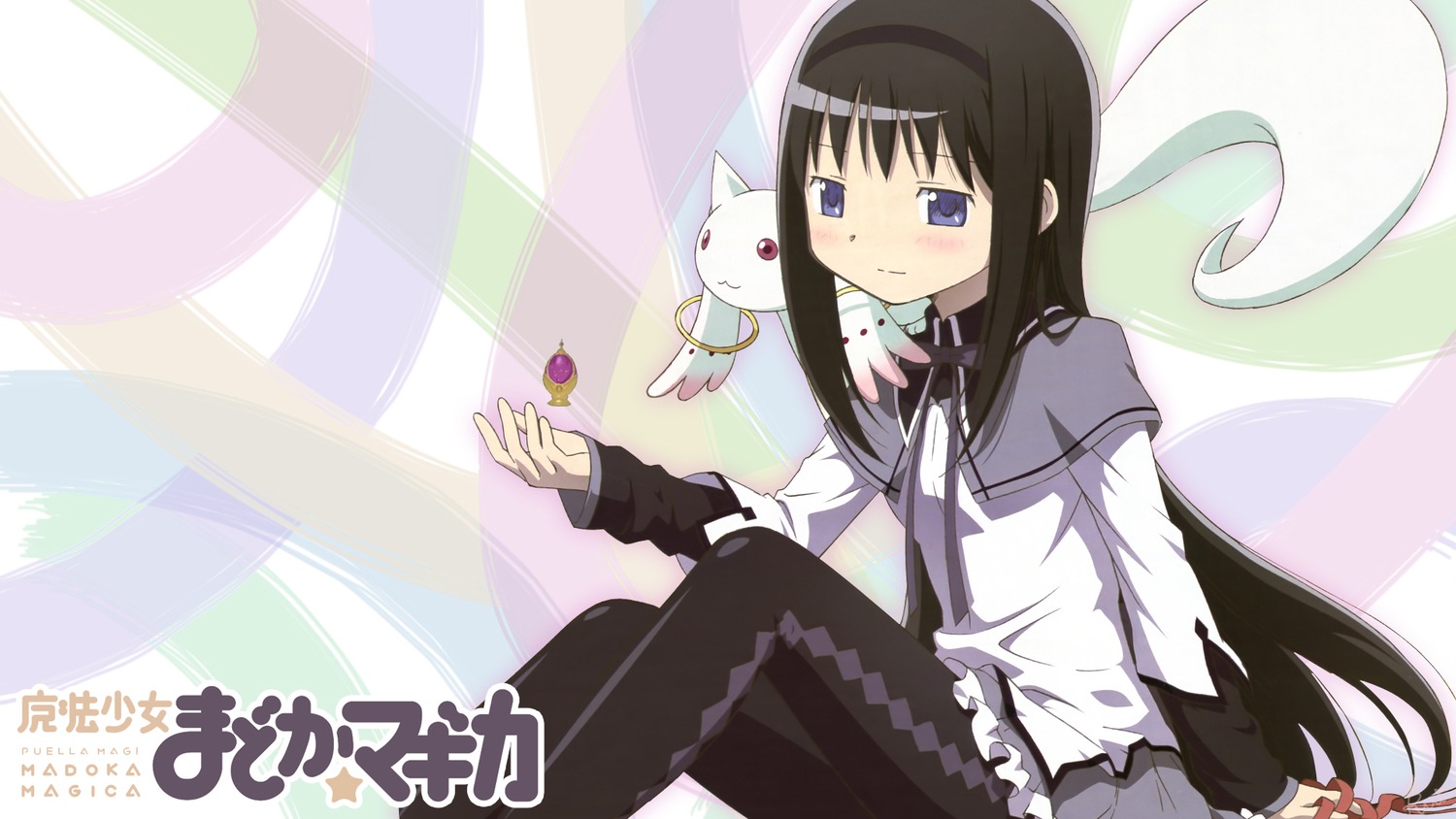 akemi_homura jpeg_artifacts kyubey pantyhose puella_magi_madoka_magica wallpaper