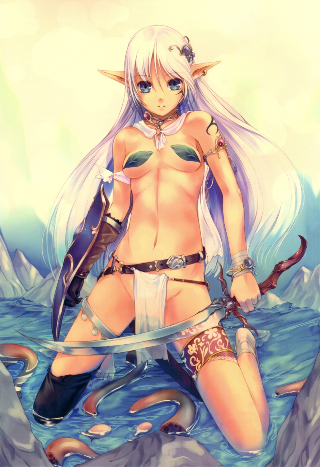 elf kirishima_satoshi nopan pasties pointy_ears sword tentacles thighhighs