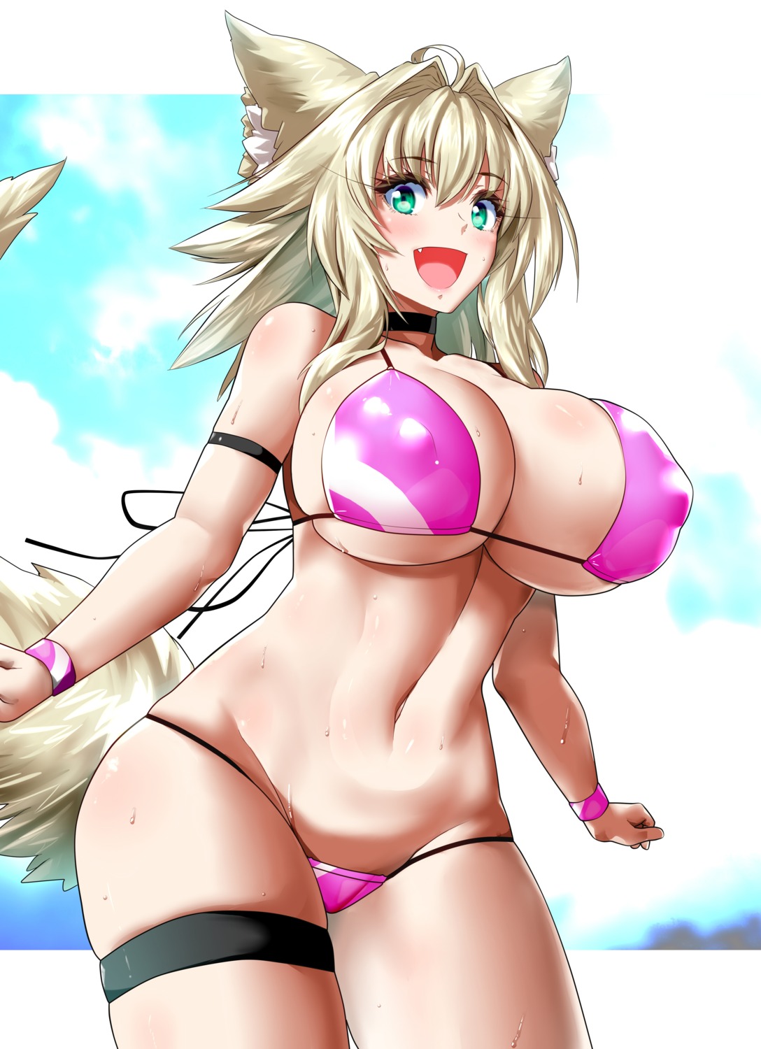 animal_ears bikini erect_nipples garter kitsune minarai_tenna narulala swimsuits tail