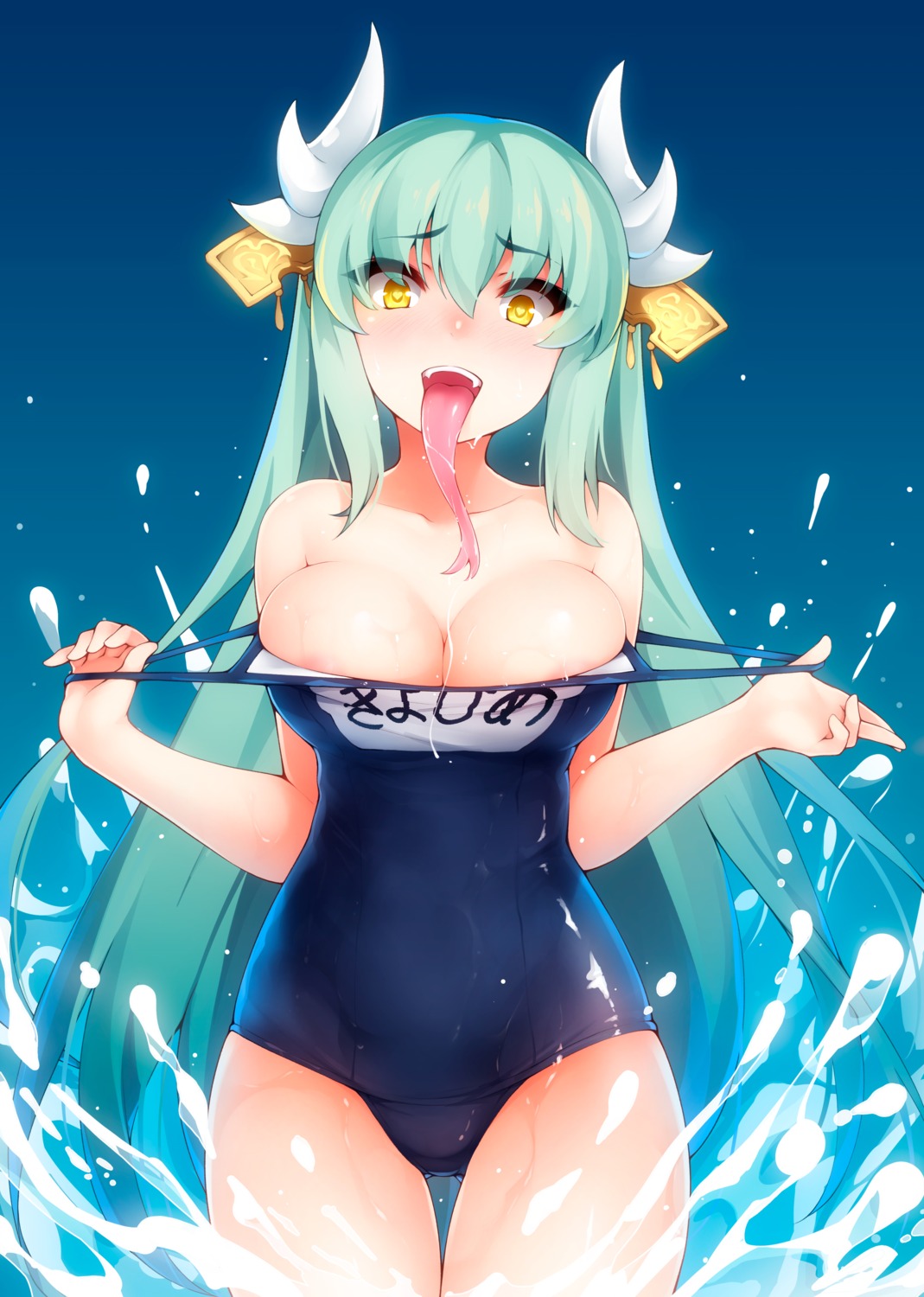 areola fate/grand_order horns kerasu kiyohime_(fate/grand_order) school_swimsuit swimsuits undressing wet