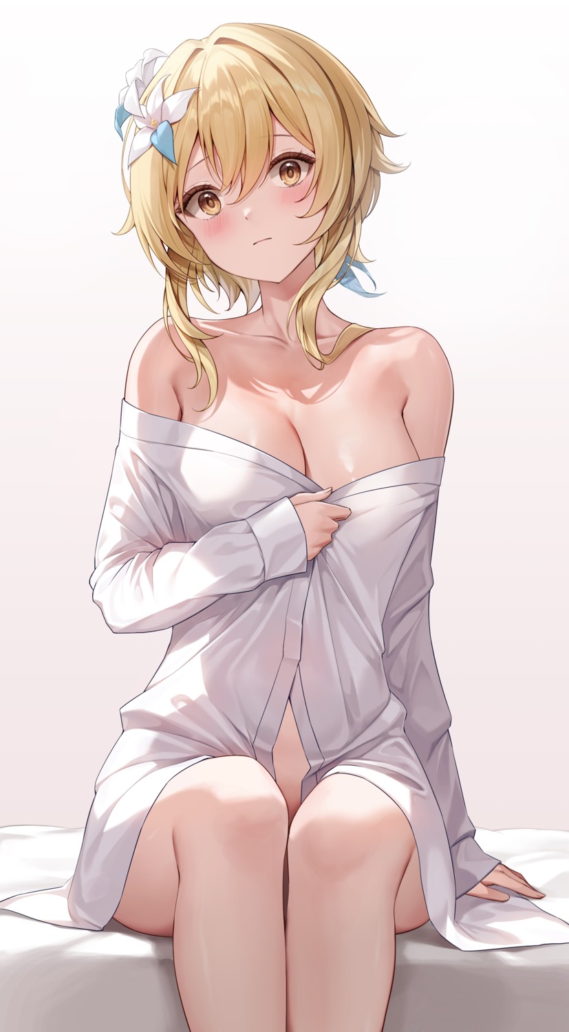 bottomless dress_shirt genshin_impact lumine lunacle no_bra open_shirt see_through