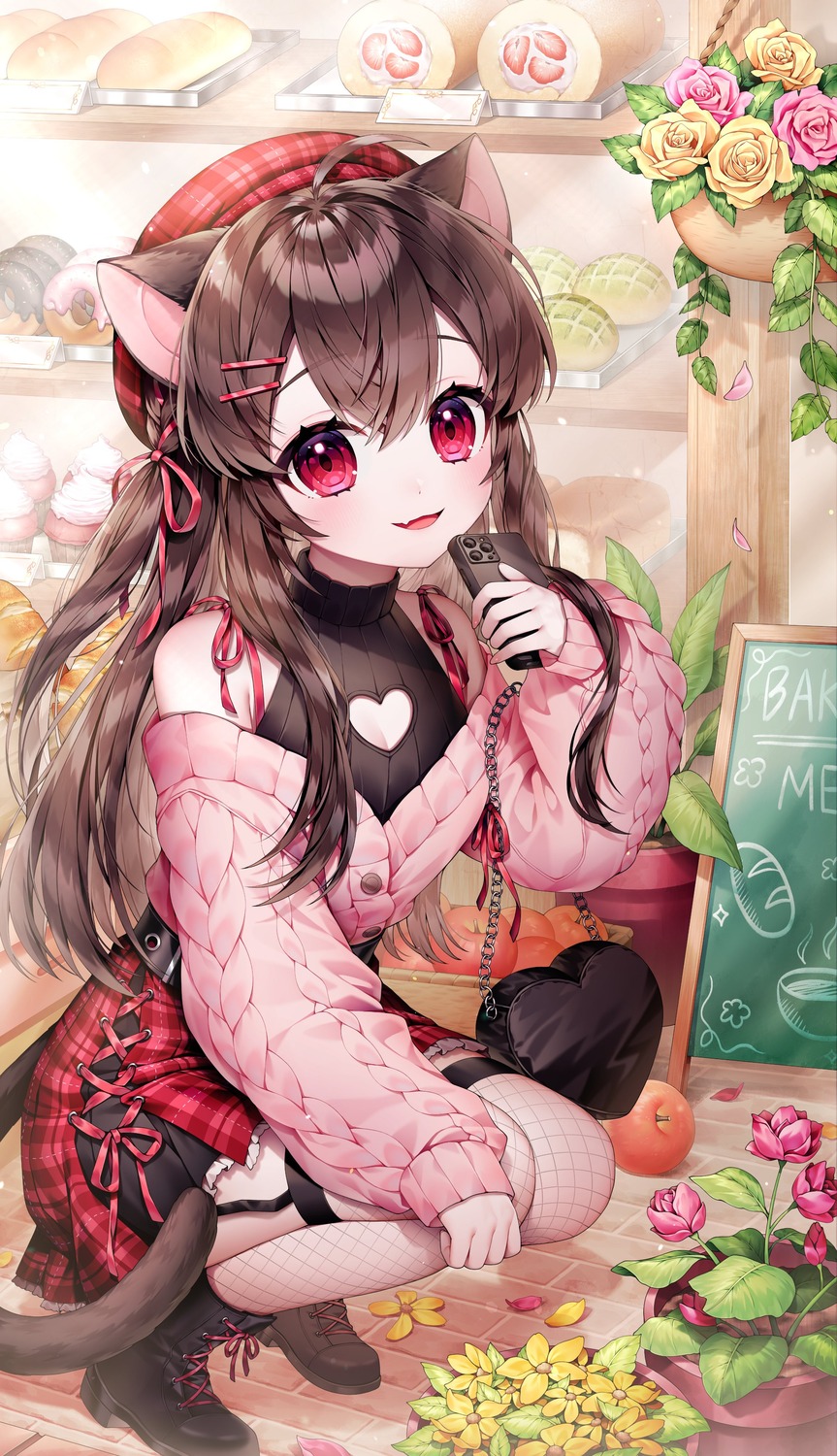 animal_ears fishnets ha_youn nekomimi stockings sweater tail thighhighs