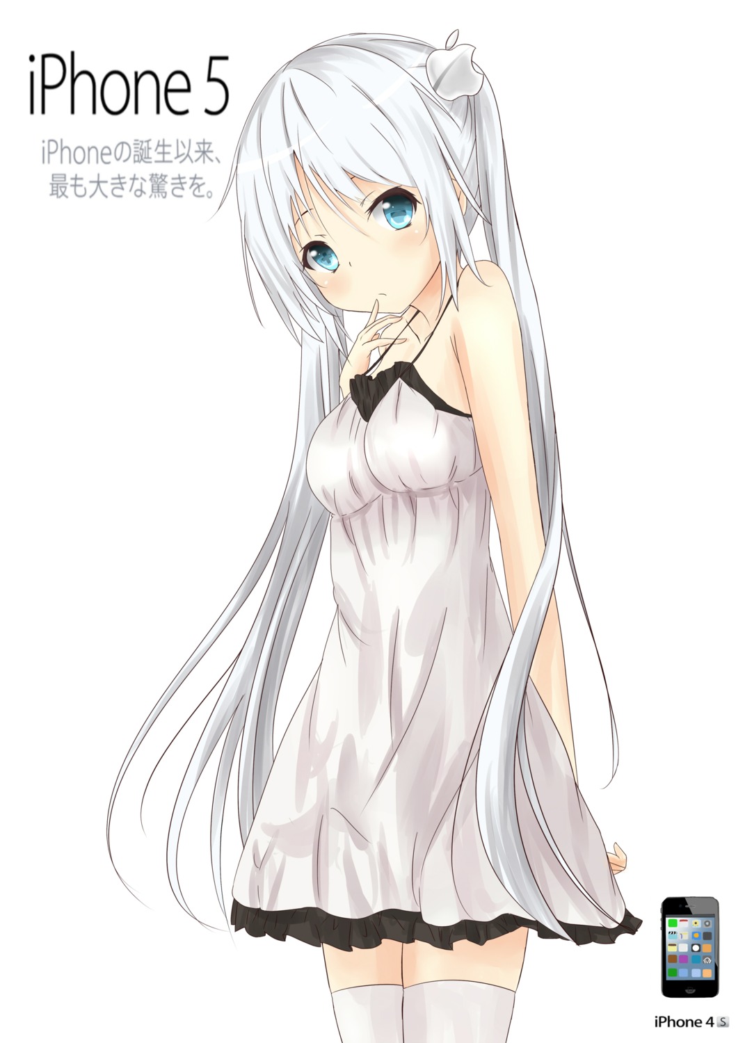 anthropomorphization apple dress iphone saku_(kudrove) thighhighs