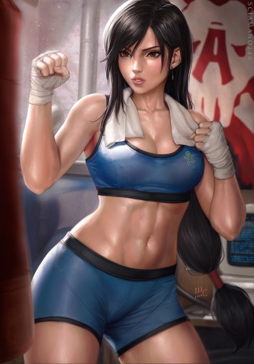 bandages cleavage final_fantasy final_fantasy_vii gym_uniform mirco_cabbia tifa_lockhart wet