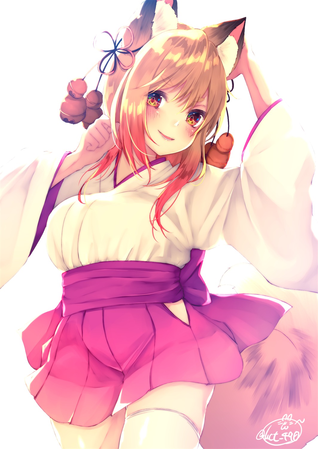 animal_ears chita_(ketchup) kitsune miko tail thighhighs