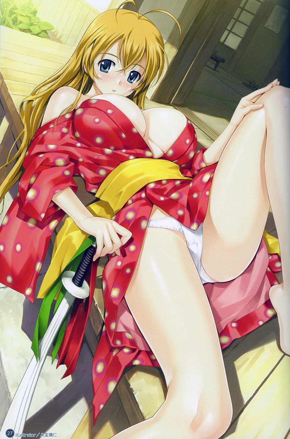 happoubi_jin ikkitousen no_bra open_shirt pantsu scanning_artifacts skirt_lift sonsaku_hakufu sword yukata