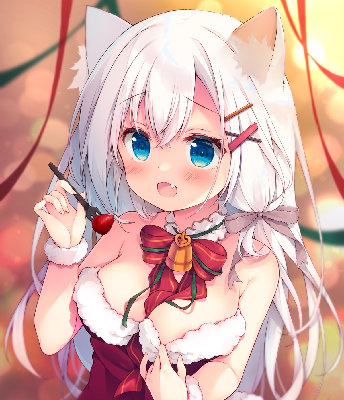 animal_ears areola christmas izumi_yuhina nekomimi no_bra undressing