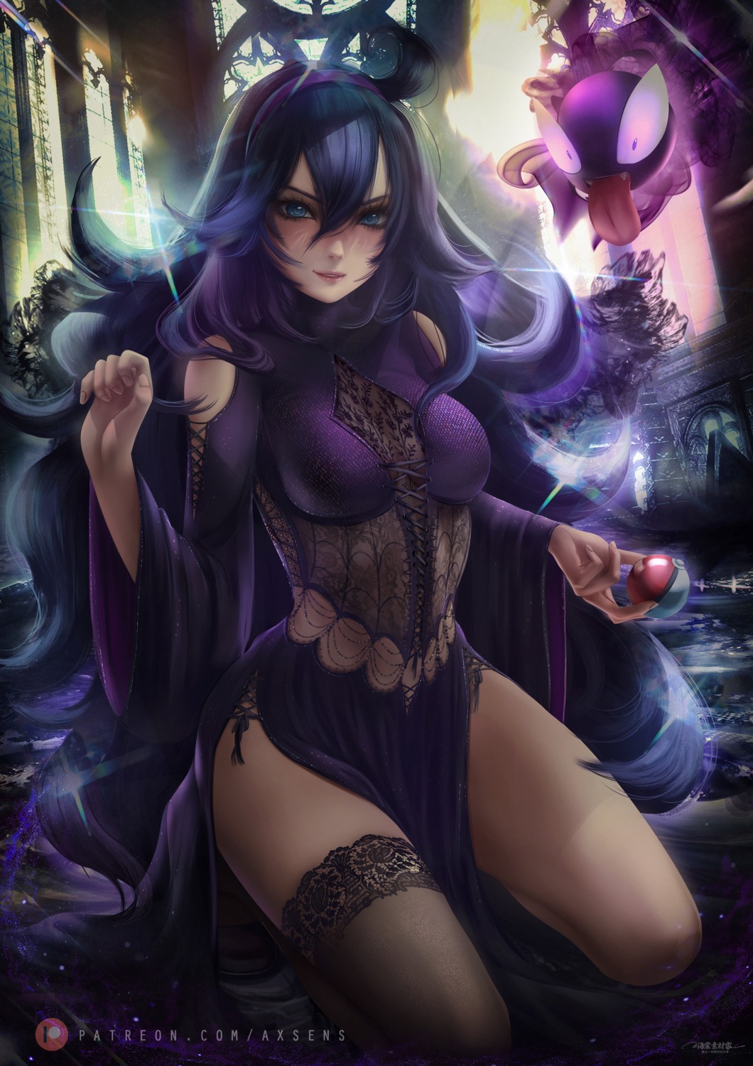 axsens breasts cleavage dress fishnets gastly hex_maniac_(pokemon) pokemon pokemon_oras pokemon_xy see_through thighhighs