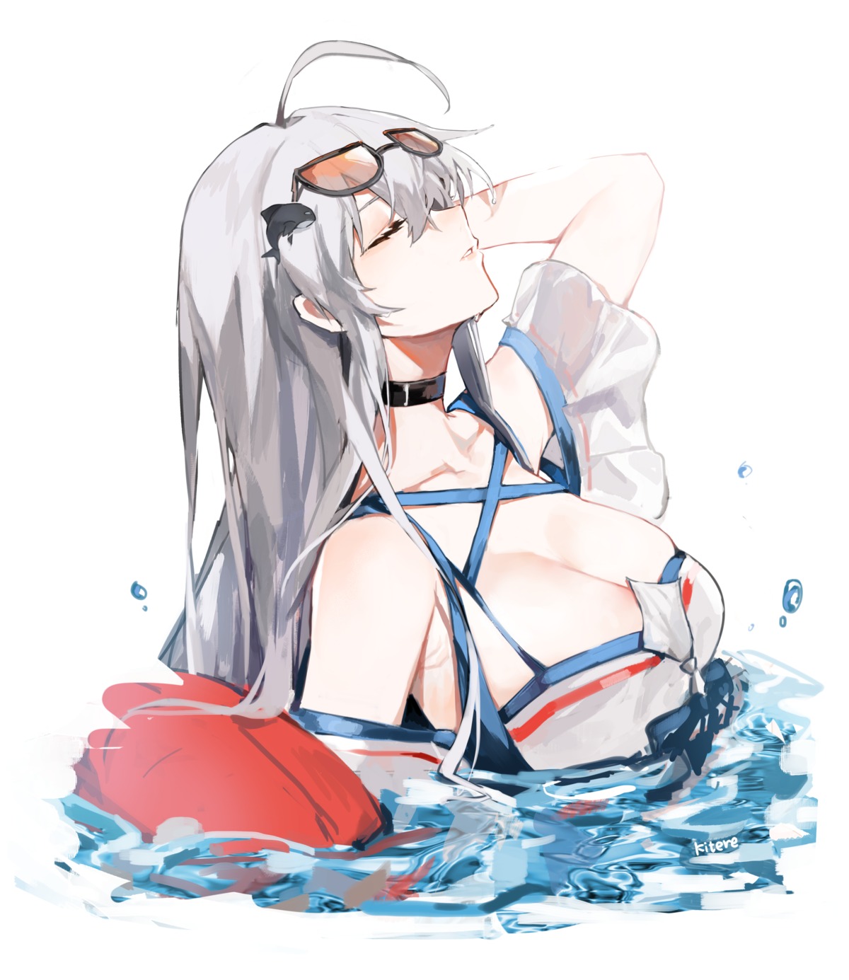 arknights cleavage kitere megane skadi_(arknights) wet