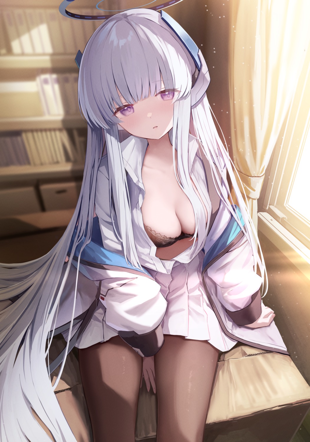 blue_archive bra halo open_shirt pantyhose takashima_shoa uniform ushio_noa