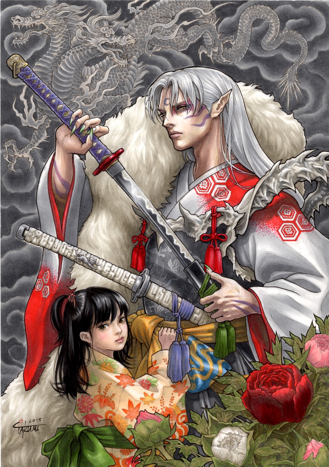 inuyasha kimono pointy_ears rin_(inuyasha) sesshoumaru sword takumi_(marlboro) tattoo