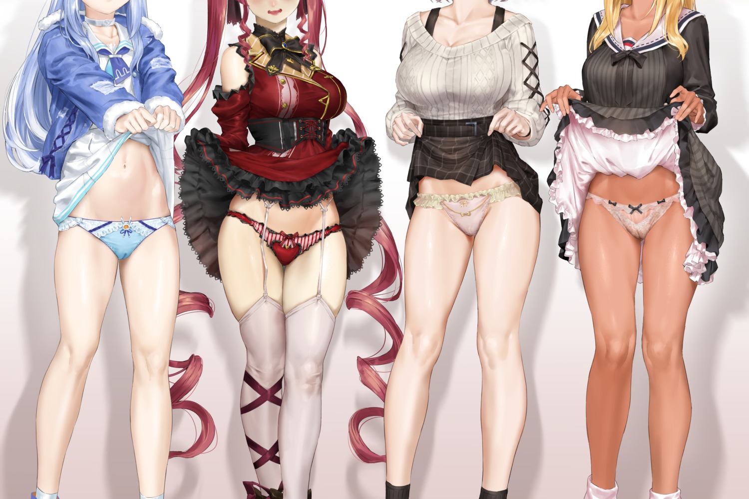 cameltoe hololive houshou_marine kuroi_suna pantsu seifuku shiranui_flare shirogane_noel skirt_lift stockings sweater thighhighs usada_pekora