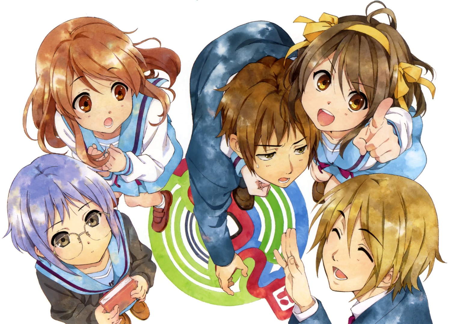 asahina_mikuru horiguchi_yukiko koizumi_itsuki kyon megane nagato_yuki seifuku suzumiya_haruhi suzumiya_haruhi_no_yuuutsu sweater