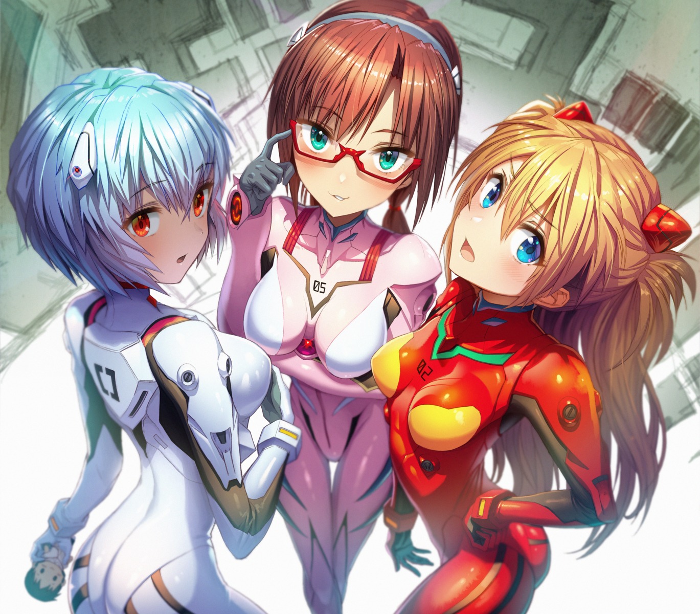 ass ayanami_rei bodysuit breast_hold gibagiba makinami_mari_illustrious megane neon_genesis_evangelion souryuu_asuka_langley