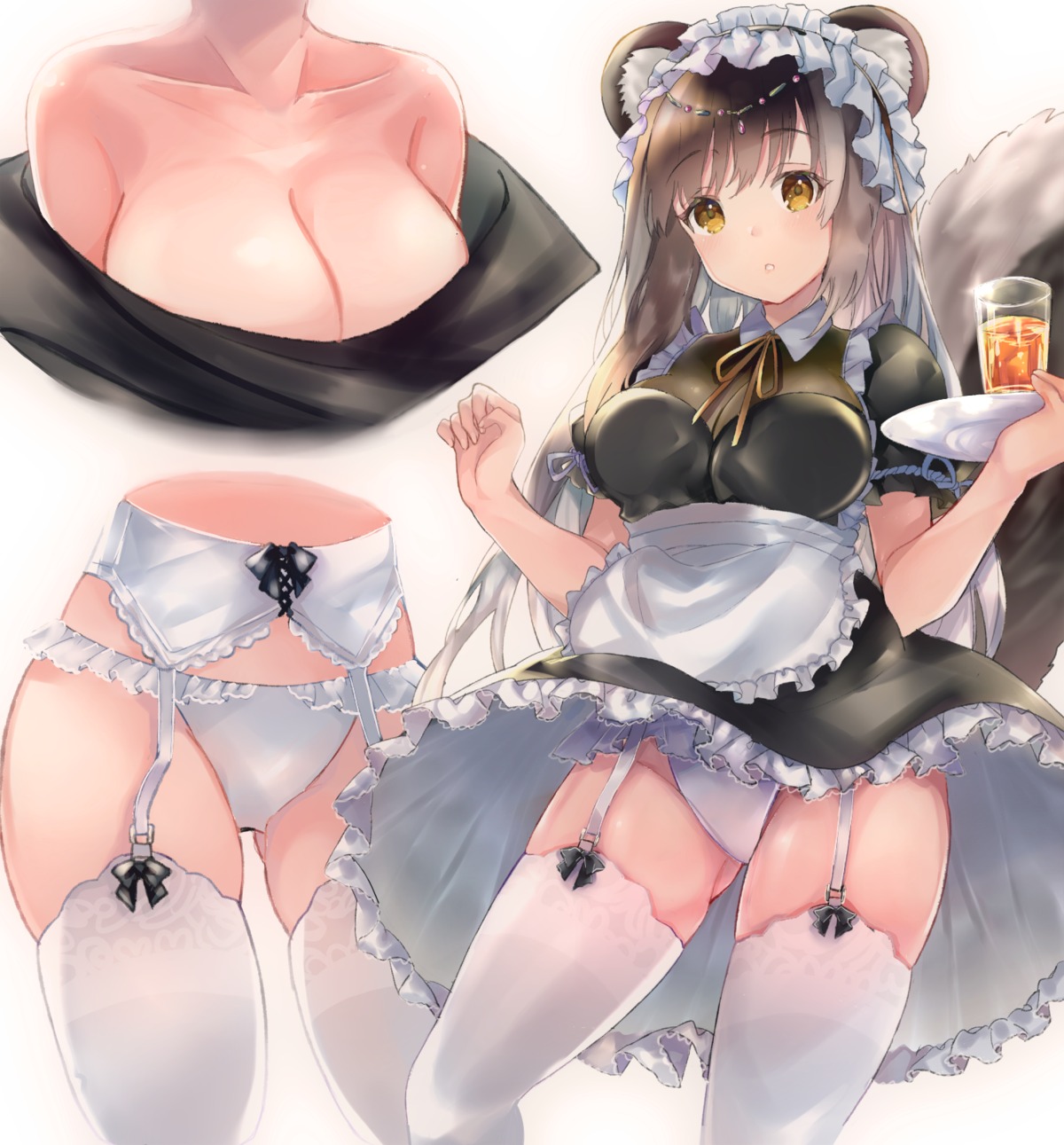 animal_ears azur_lane garter_belt maid naganami_(azur_lane) no_bra open_shirt pantsu shibaebi_(yasaip_game) skirt_lift stockings tail thighhighs